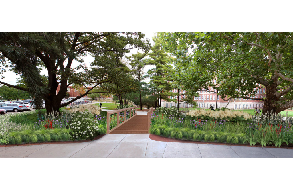 Rendering of garden with bridge